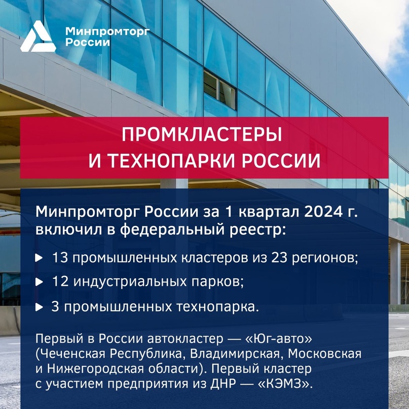 Минпромторг России аккредитовал 15 объектов промышленной инфраструктуры и 13 промкластеров