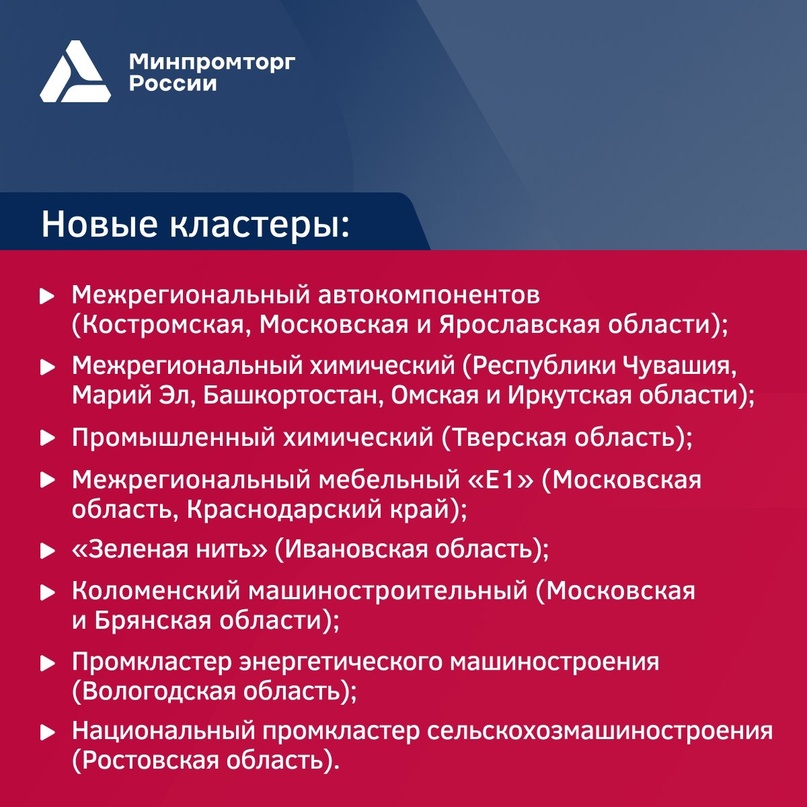 Минпромторг России аккредитовал 15 объектов промышленной инфраструктуры и 13 промкластеров