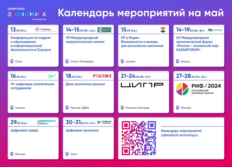 Календарь ИТ-мероприятий на май АНО «Цифровая экономика» подготовила календарь мероприятий, где отмечены самые актуальные события ИТ-отрасли и организации: