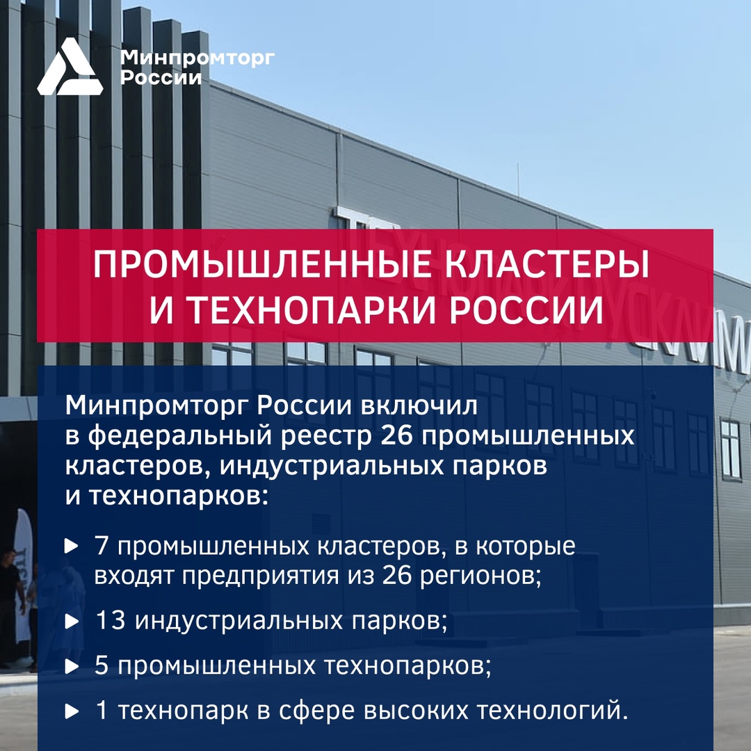 За 2 квартал 2024 года Минпромторг России аккредитовал 26 промышленных кластеров, индустриальных парков и технопарков