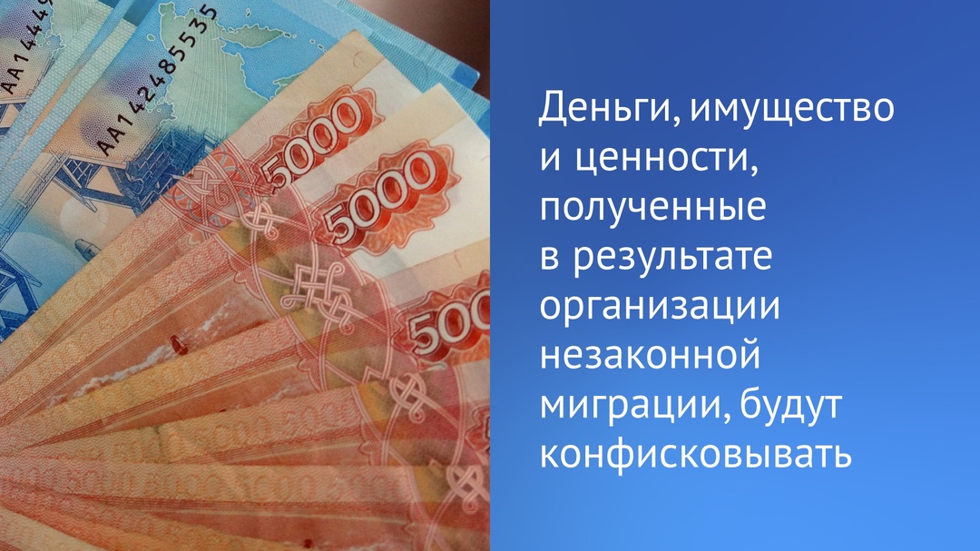 Полученные в результате организации незаконной миграции деньги, имущество и ценности будут подлежать конфискации.