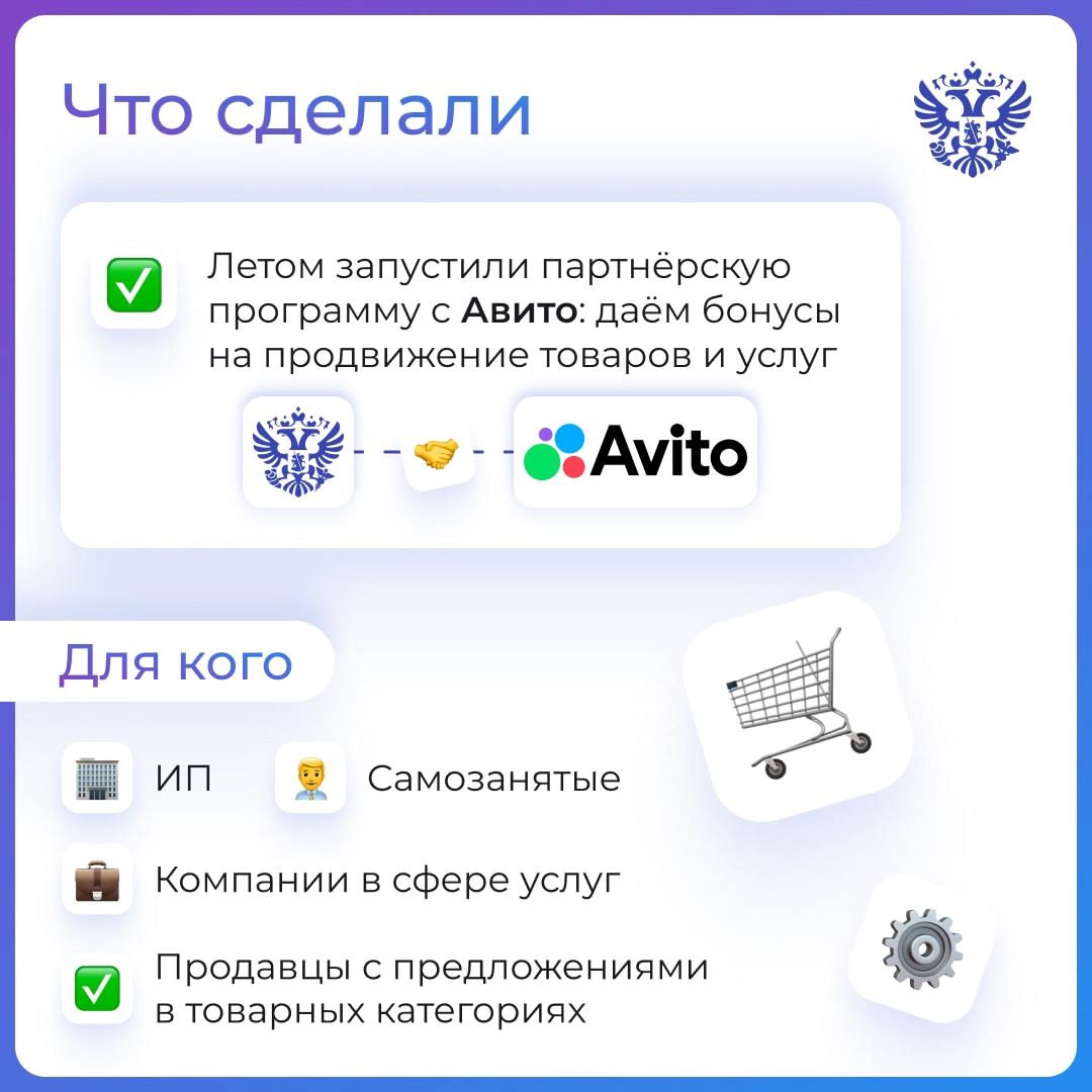 Наша поддержка МСП есть и на электронных платформах. Летом запустили новую партнёрскую программу с Авито: .