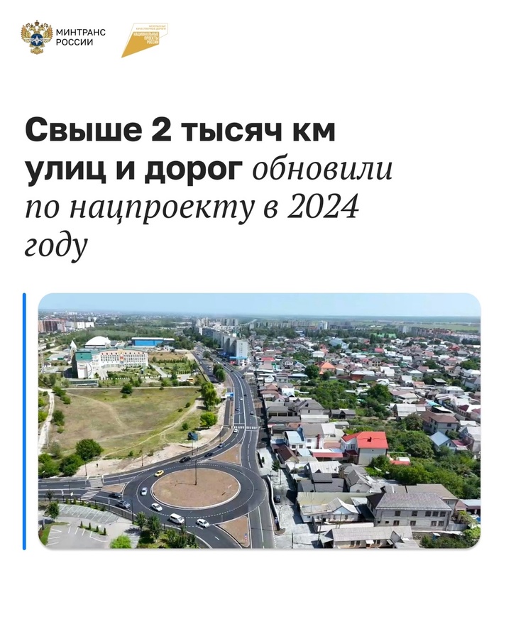 Свыше 2 тысяч км улиц и дорог обновили по нацпроекту в 2024 году