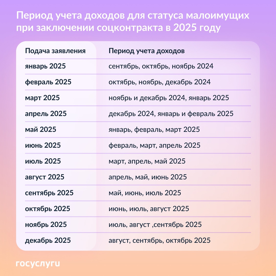 Доходы для соцконтракта: все периоды для 2025 года