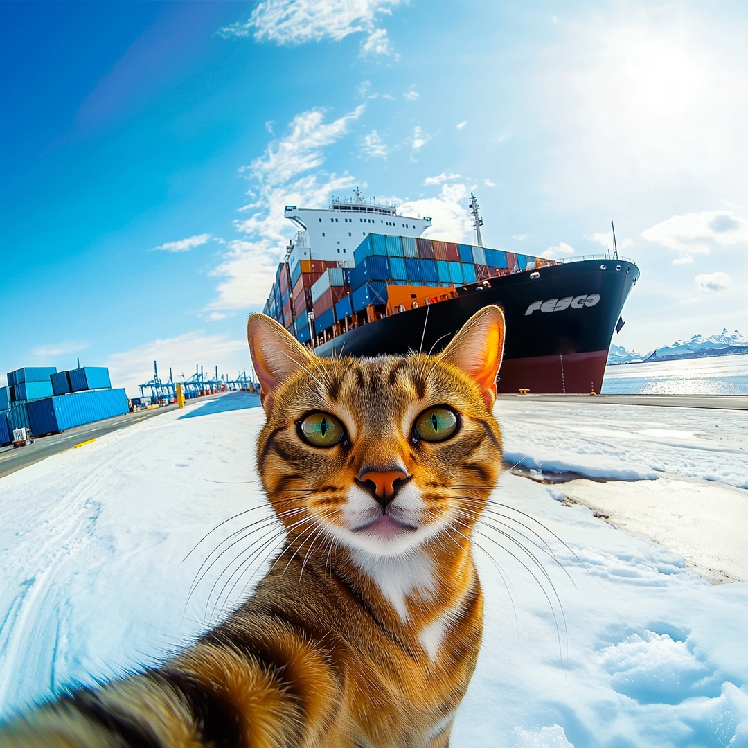 С Днем котиков Представляем наших пушистых друзей, сгенерированных в ИИ, делающих селфи на фоне контейнеров и судов FESCO.