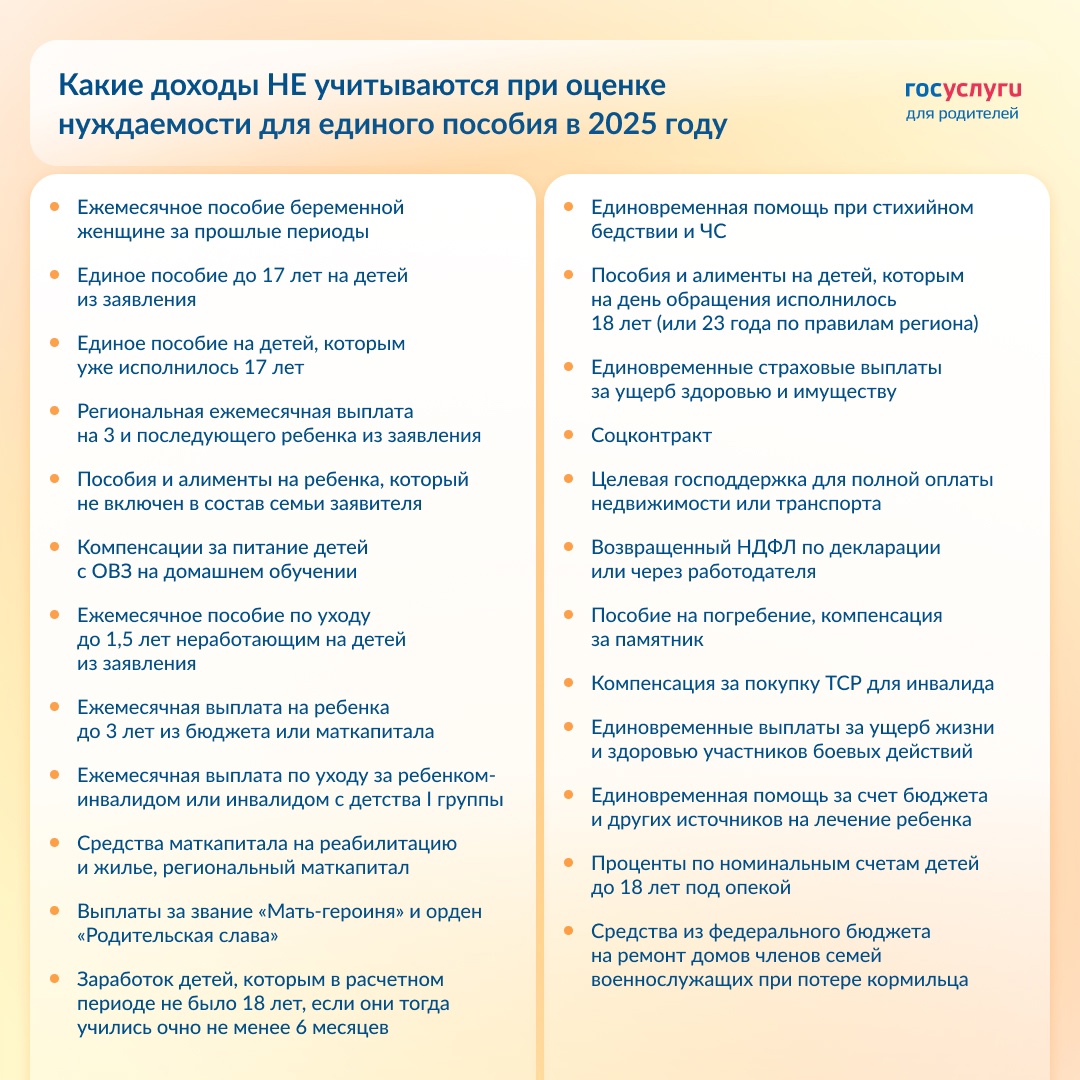 Эти доходы не учитываются для единого пособия в 2025 году
