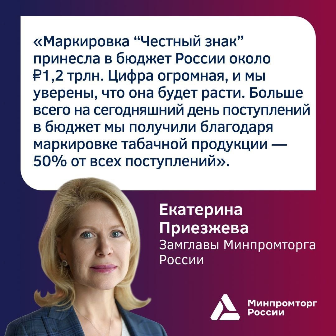 Екатерина Приезжева: «Маркировка “Честный знак” принесла в бюджет России около ₽1,2 трлн»