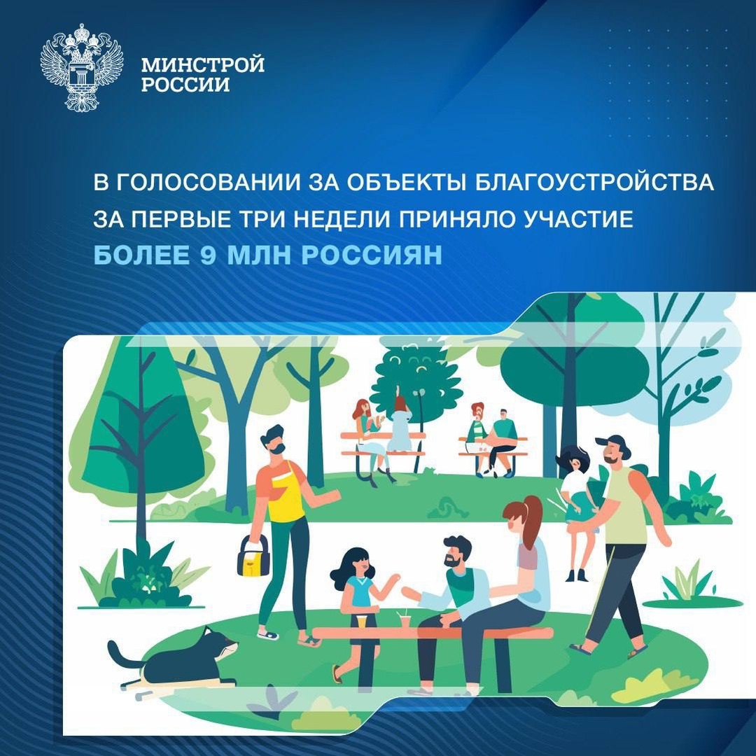 За первые три недели со старта Всероссийского онлайн-голосования за объекты благоустройства в нем приняло участие более 9 млн россиян