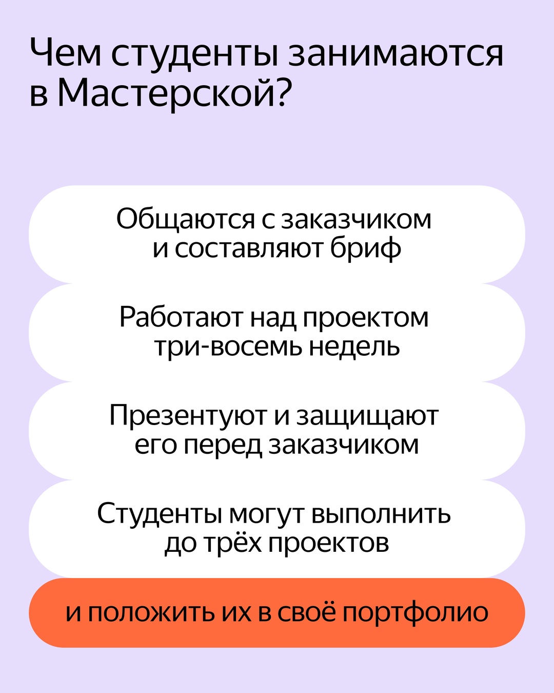 В Яндекс Практикуме студенты могут поработать с реальными заказчиками и кейсами. Для этого у нас есть Мастерская