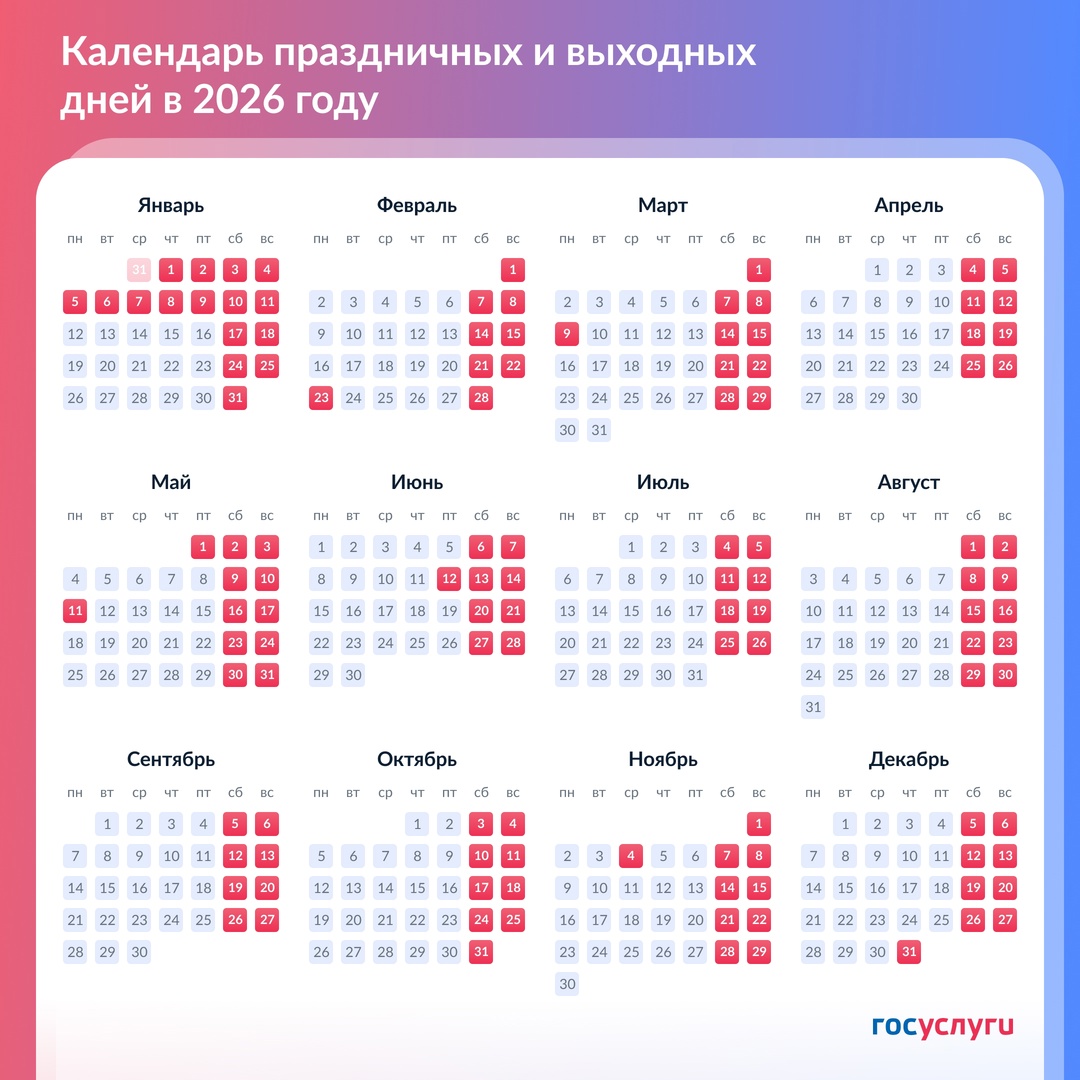5 раз по 3 дня подряд и 12 дней на Новый год: выходные в 2026