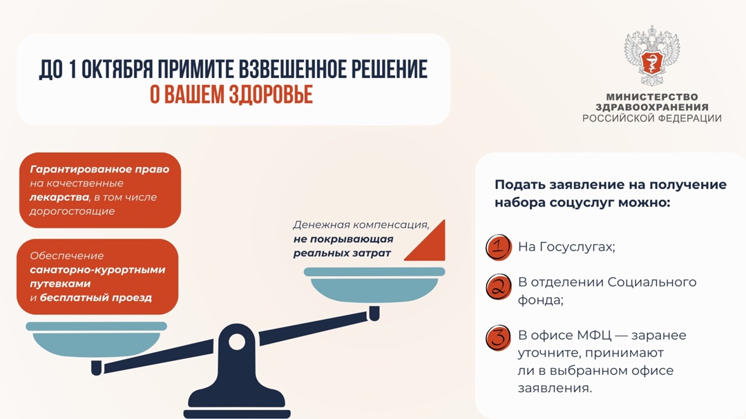 На чаше весов ваше здоровье До 1 октября можно отменить монетизацию набора социальных услуг и сделать выбор в пользу бесплатных лекарств.