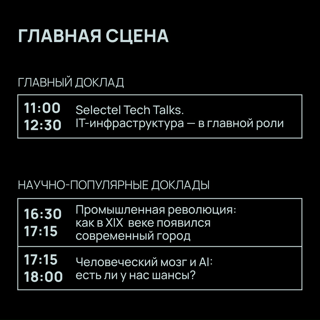 Уже завтра К 10:00 ждем гостей Selectel Tech Day в Цифровом деловом пространстве на Покровке. В 11:00 начнем главный доклад «IT-инфраструктура — в главной…
