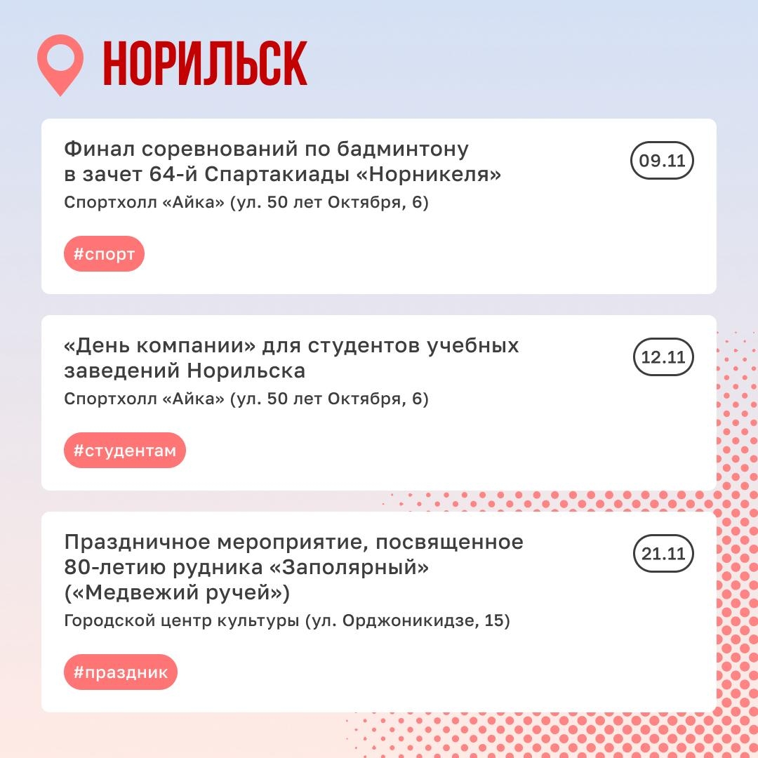 Куда сходить в ноябре Осень заканчивается, а интересных событий всё больше. В Норильске отметят династии, выберут «Мастера года» и проведут спортивные финалы