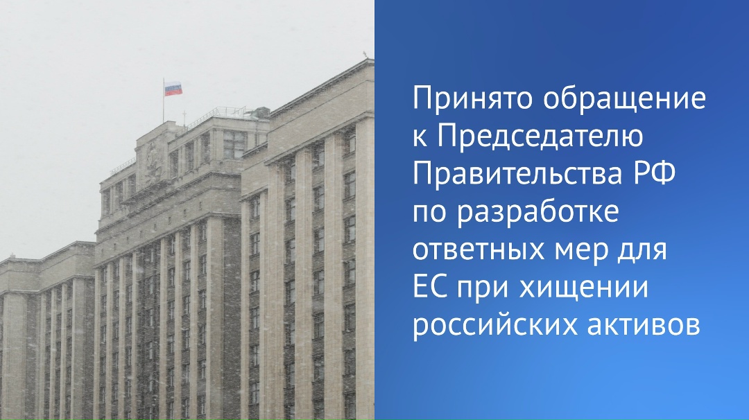 Государственная Дума приняла обращение к Председателю Правительства РФ по вопросу разработки плана ответных мер в случае принятия ЕС решения о хищении…