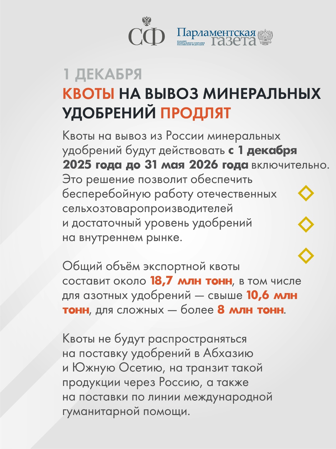 Квоты на вывоз минеральных удобрений продлят, защита объектов археологического наследия станет надёжнее, а также совершенствуется процедура идентификации…