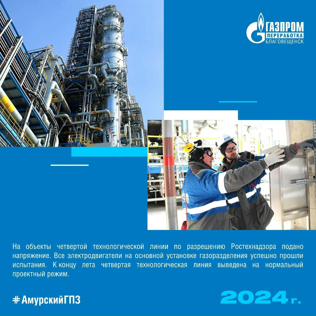 ИСТОРИЯ АМУРСКОГО ГПЗ 2024 ГОД Четвертая технологическая линия выведена на проектный режим работы.