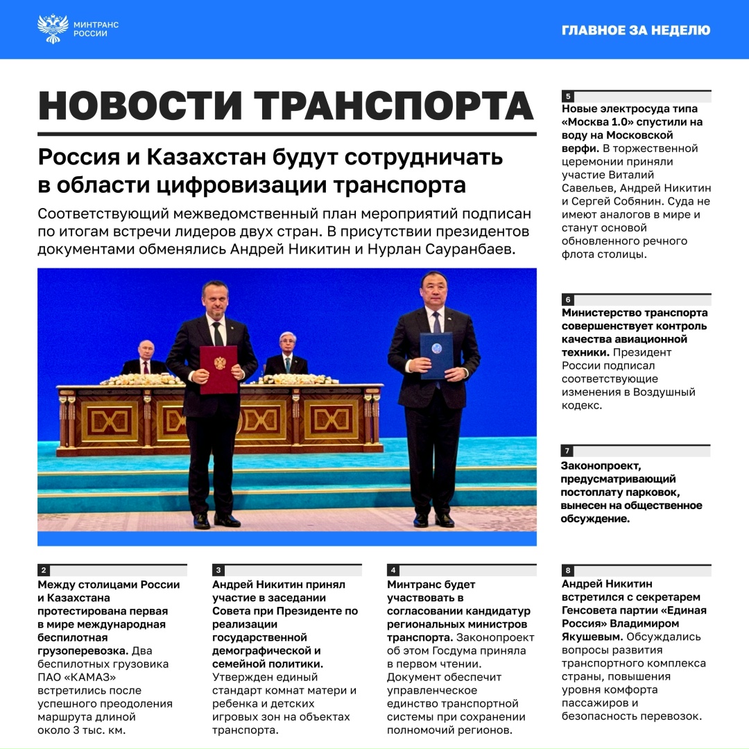 Главное за минувшую неделю • Россия и Казахстан договорились о сотрудничестве в области цифровизации транспорта: межведомственный план мероприятий подписан в…