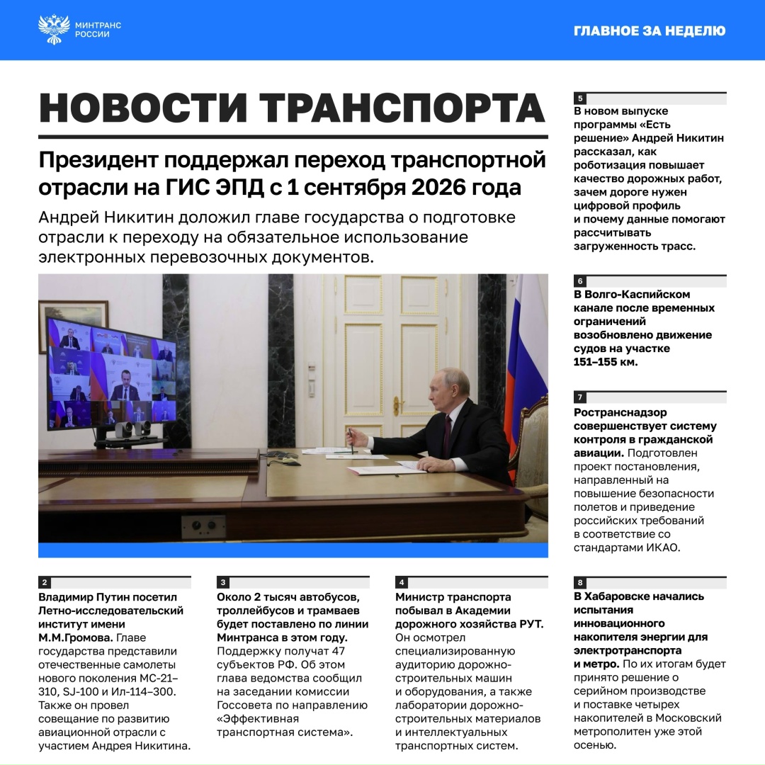 Главное за минувшую неделю • Андрей Никитин в ходе совещания с членами Правительства доложил Президенту России о подготовке отрасли к переходу на обязательное…