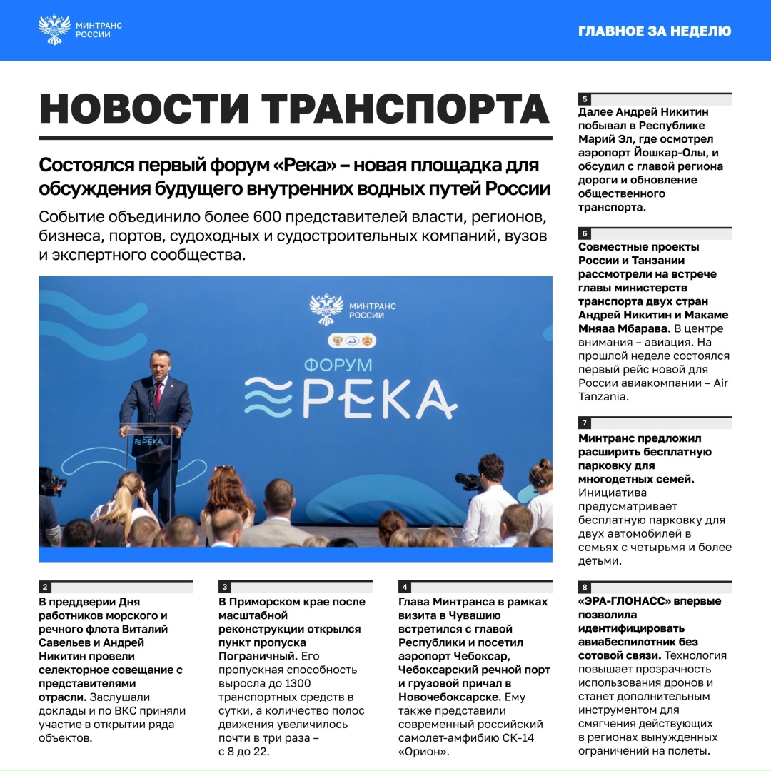 Главное за минувшую неделю • Состоялся первый форум «Река» – отраслевое событие, посвященное развитию внутренних водных путей России: