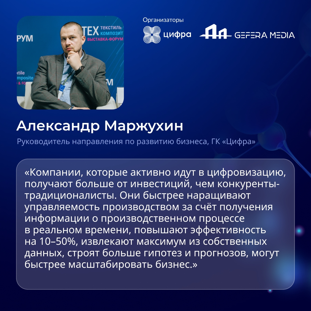 Цифра организовала собственную сессию, чтобы объединить экспертизу лидеров рынка: Аксеникс, ЕвроХим, МТС и других — на выставке «Техтекстиль | Техкомпозит»