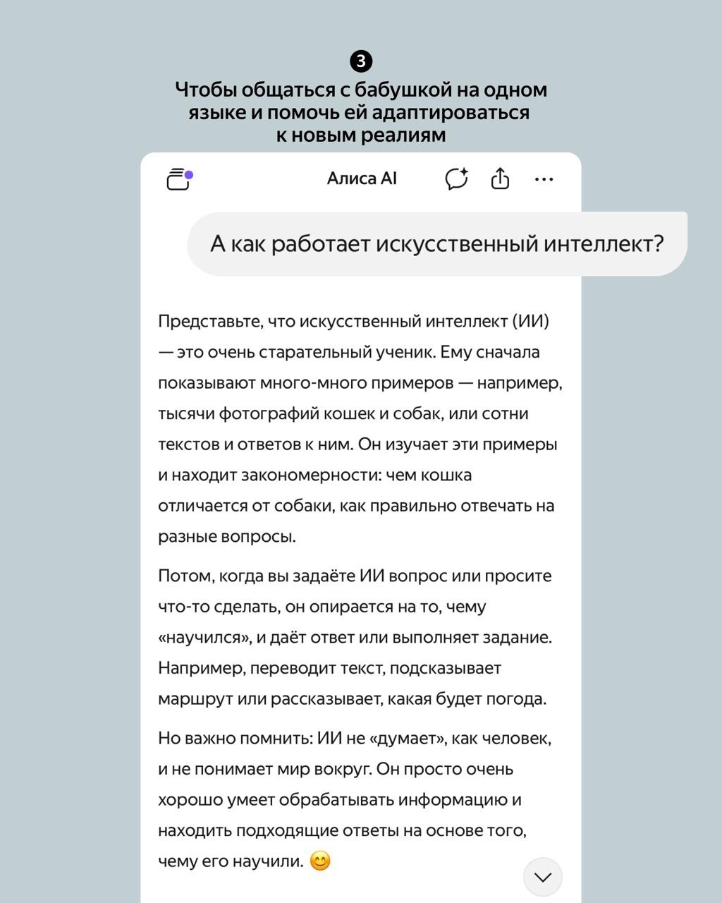Как помочь бабушке освоить новые технологии? Попробуйте с Алисой AI: alice.yandex.ru