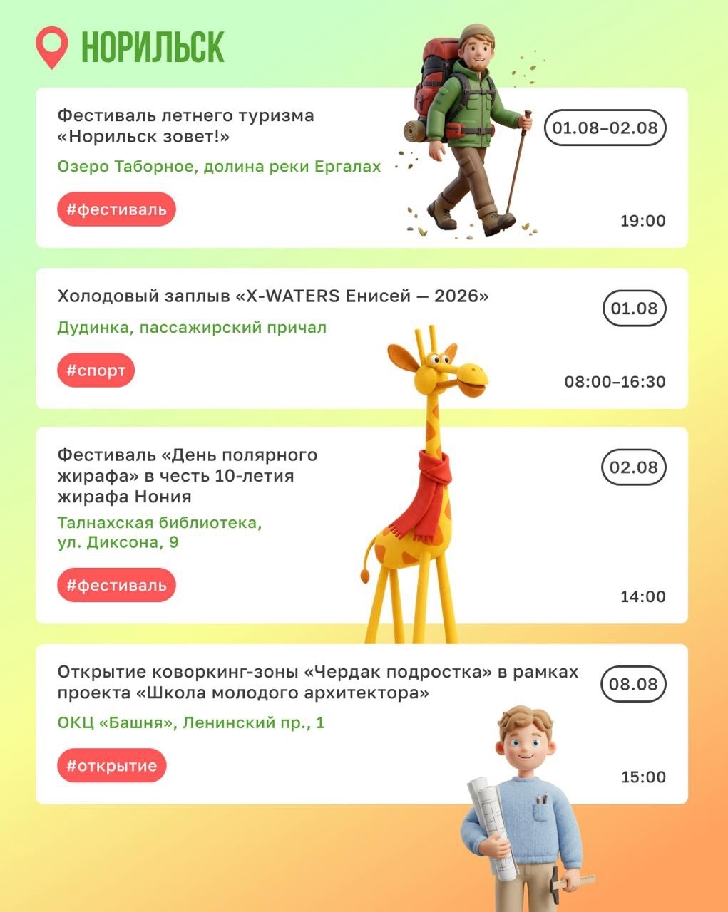 Последний месяц лета готовит для нас много сюрпризов
Авиашоу с фигурами высшего пилотажа, фестивали, экстремальные забеги, этно-путешествия, семейные…