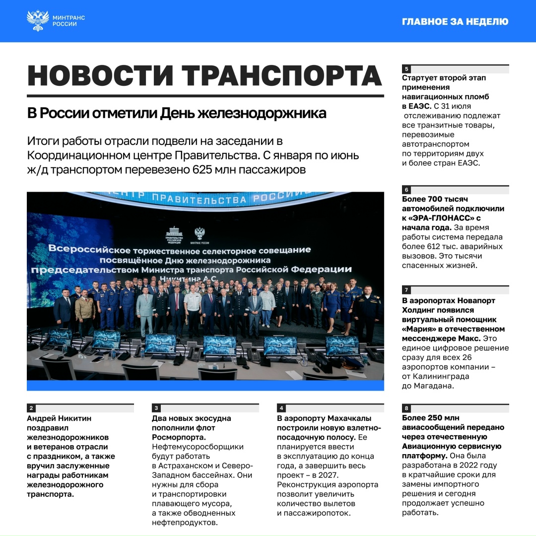 Главное за минувшую неделю • В России отметили День железнодорожника: глава Минтранса Андрей Никитин поздравил сотрудников и ветеранов отрасли с праздником
