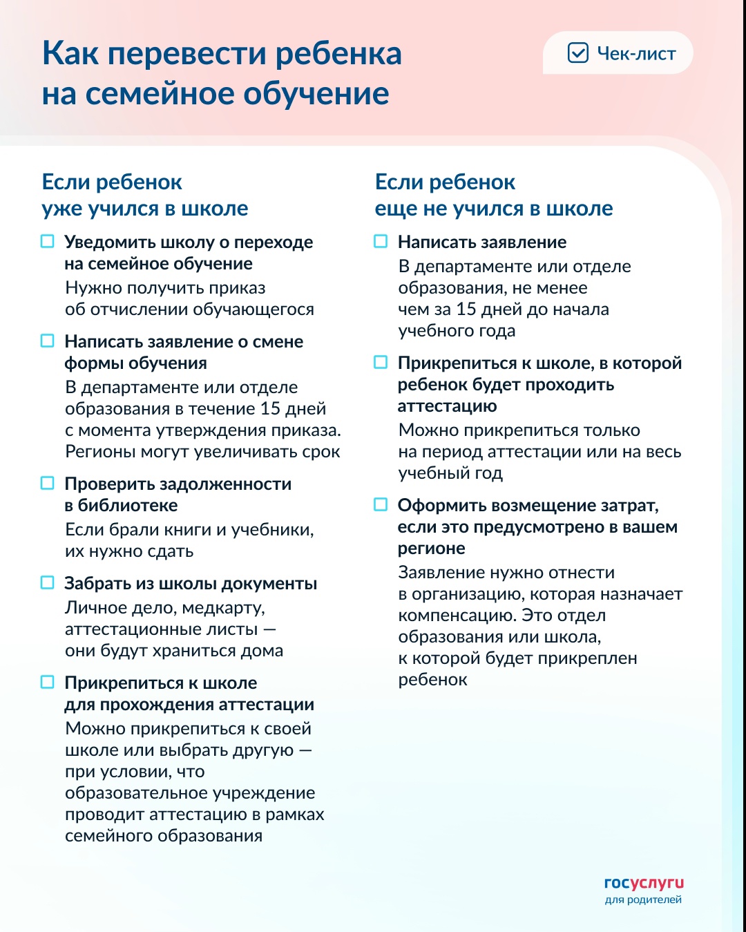Чек-лист для перевода школьника на семейное обучение