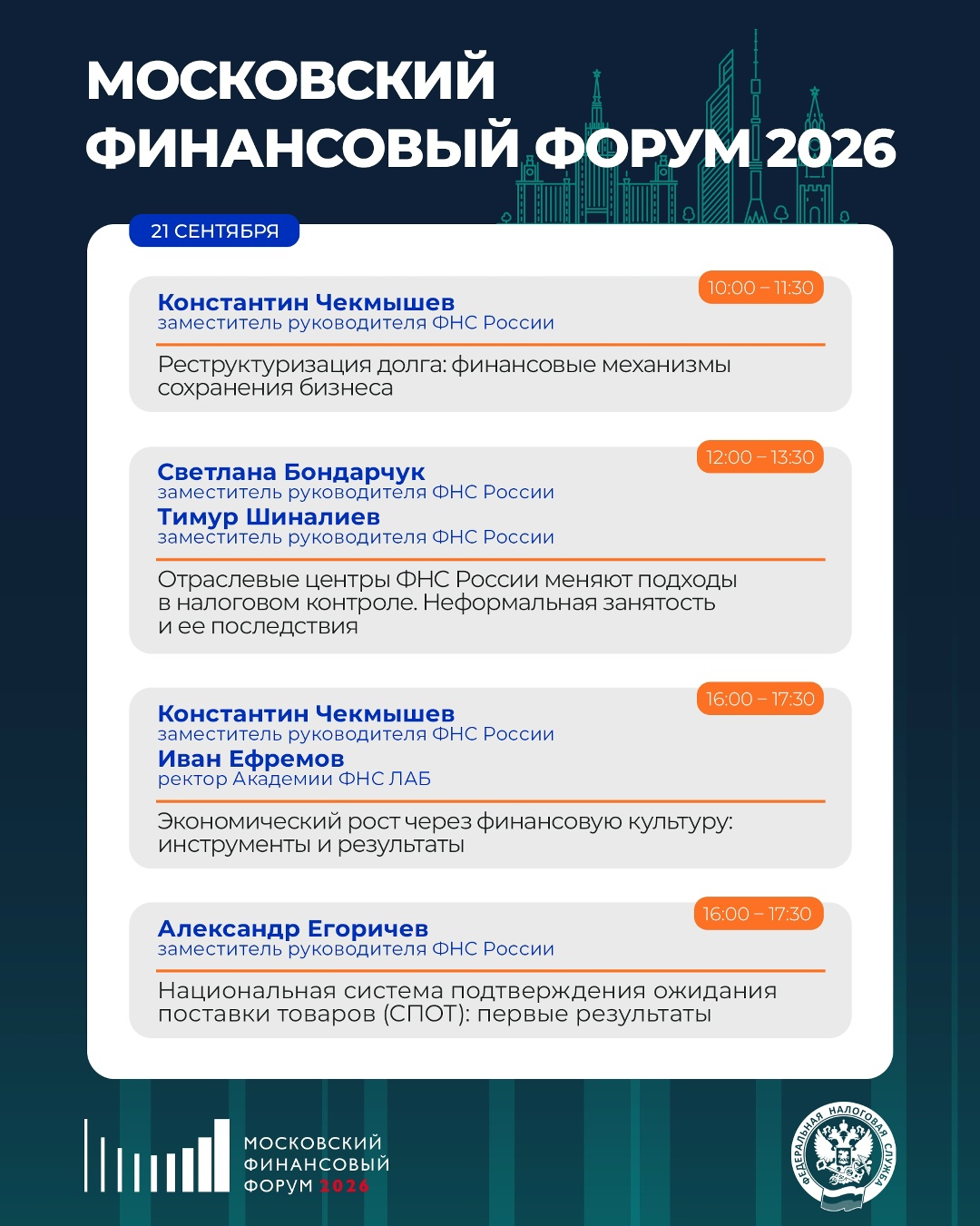 ФНС России на МФФ-2026 21 сентября пройдет Московский финансовый форум-2026, в котором примут участие представители ФНС России.