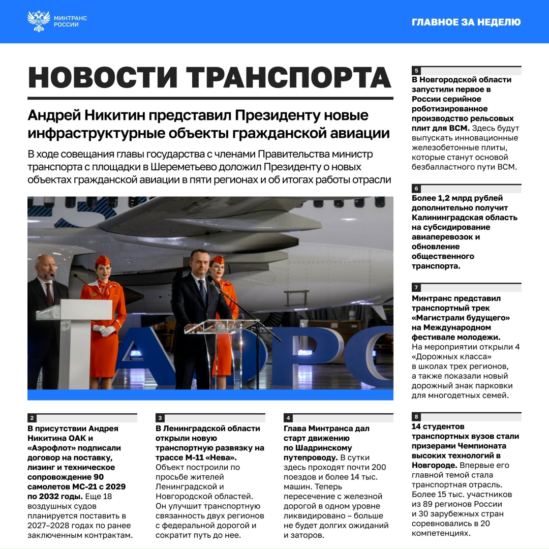 Главное за минувшую неделю • В ходе совещания главы государства с членами Правительства Андрей Никитин с площадки в Шереметьево представил Президенту новые…